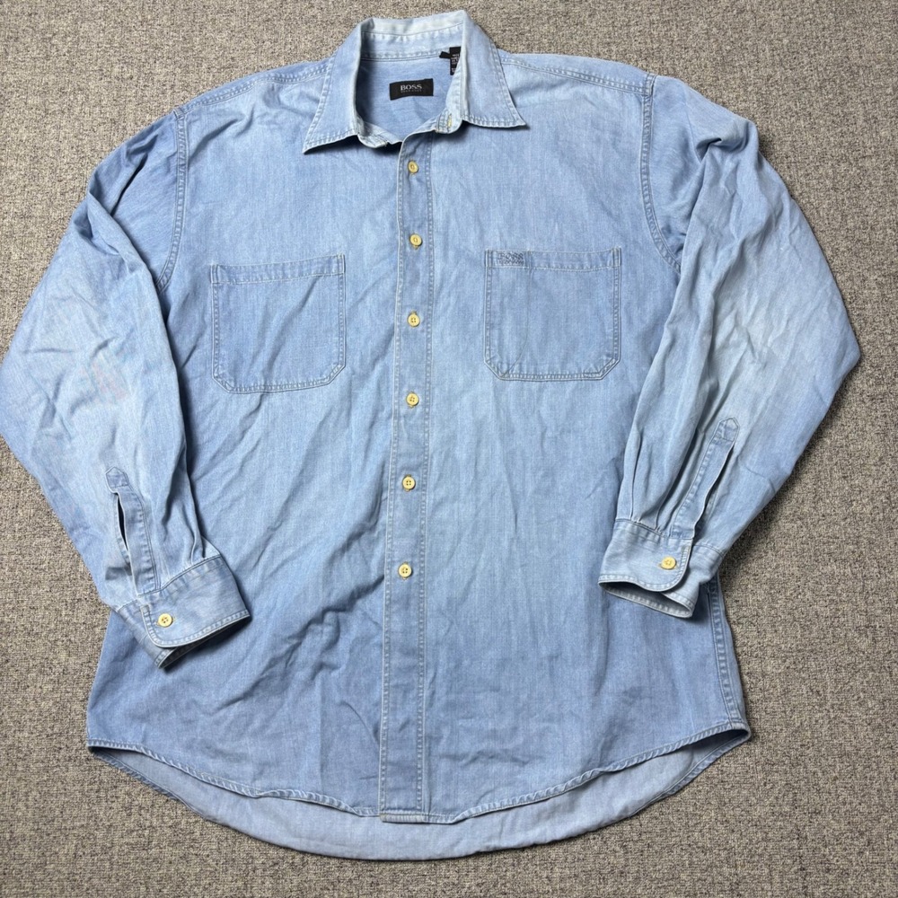 Hugo Boss Denim Shirt Mens M Light Wash Blue Button Down Long Sleeve Pocket Logo